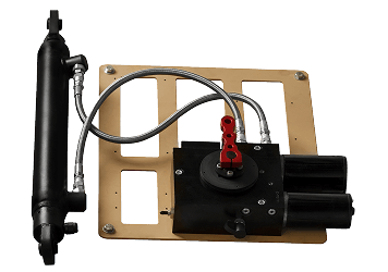 Turret Hydraulic Control Mechanism Turret hydraulic control mechanism featuring a black cylinder, braided hoses, control box with a red lever, and a mounting plate.